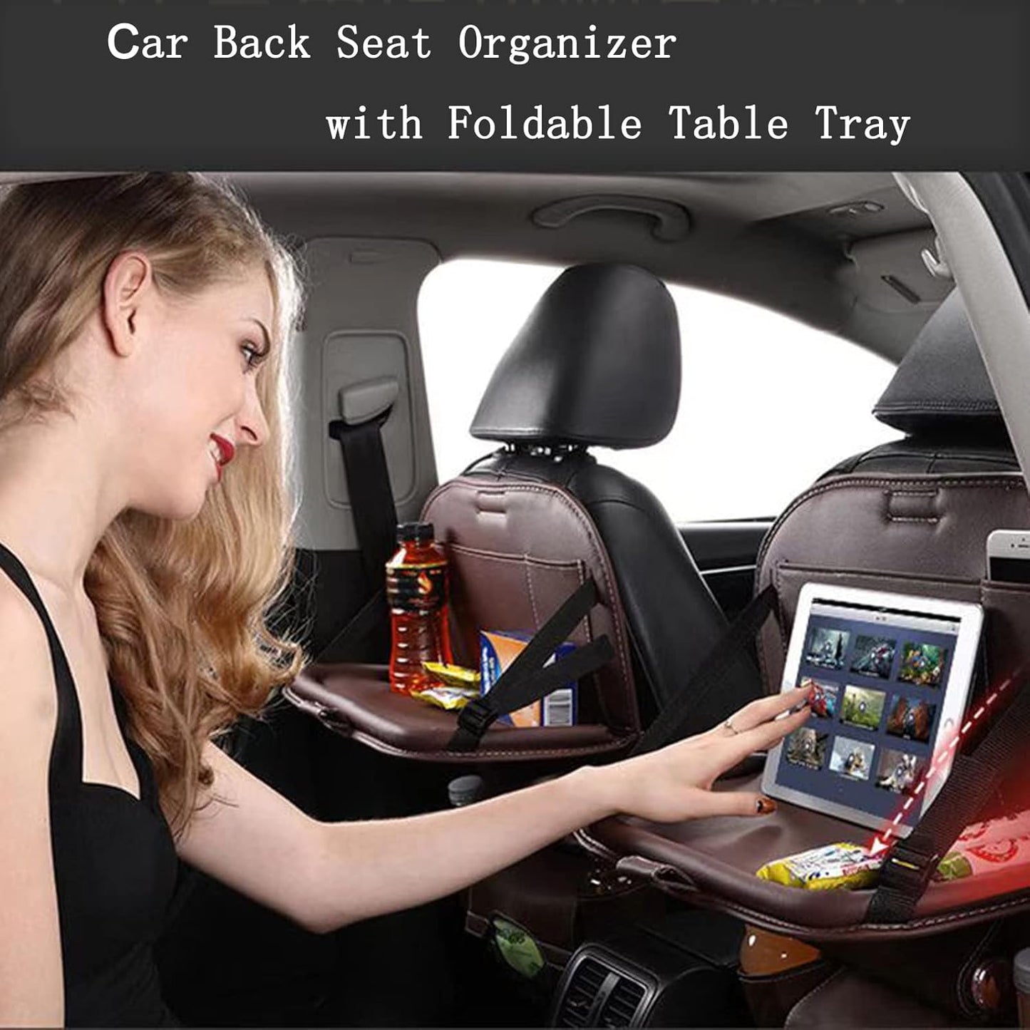 Car Back Seat Organizer with Foldable Table Tray, PU Leather Backseat Car Organizer with Tablet Holder for Kids Toddlers Travel, Car Seat Back Protector Storage Kick Mats Travel Accessories
