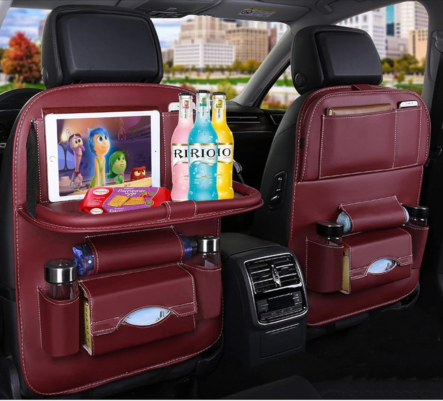 Car Back Seat Organizer with Foldable Table Tray, PU Leather Backseat Car Organizer with Tablet Holder for Kids Toddlers Travel, Car Seat Back Protector Storage Kick Mats Travel Accessories