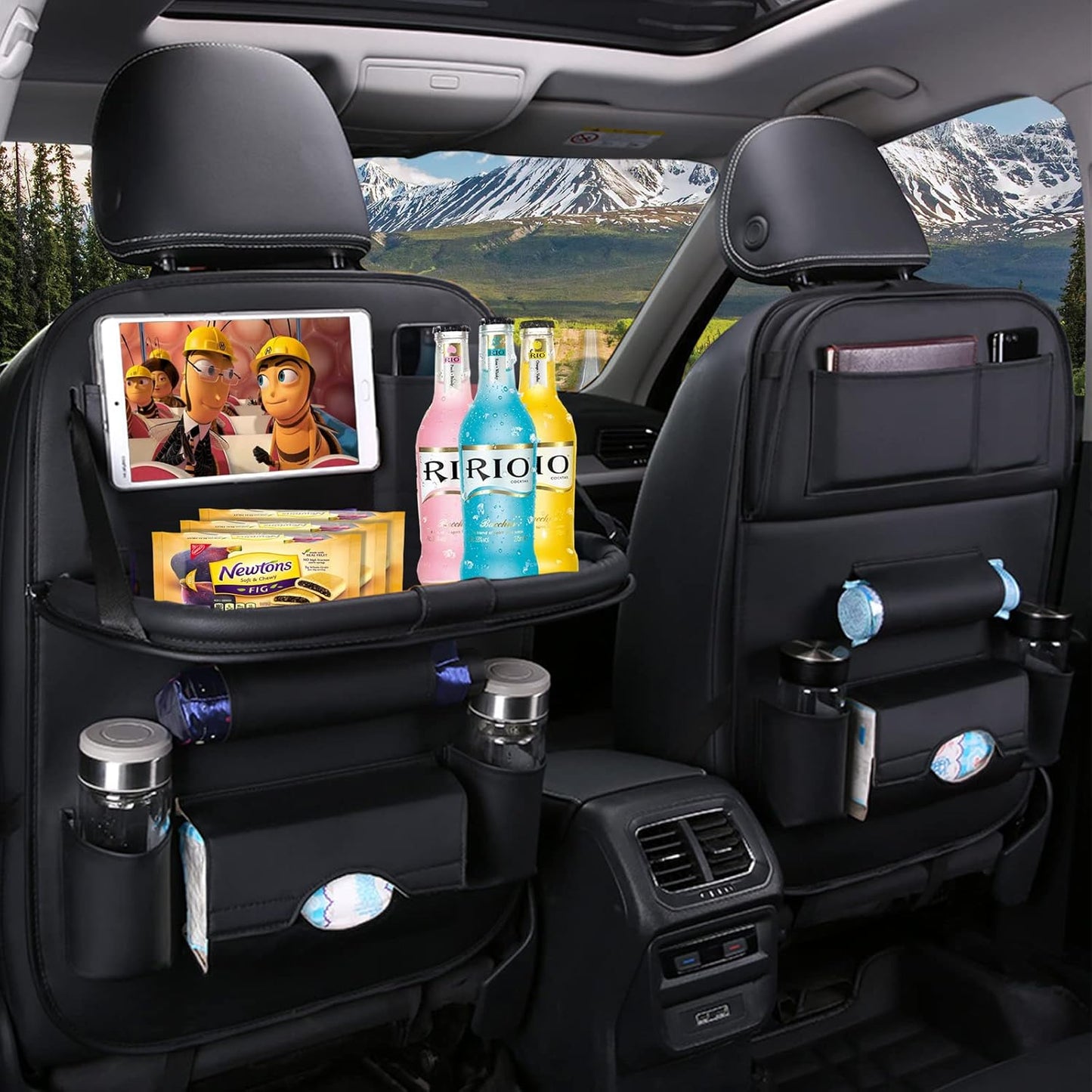 Car Back Seat Organizer with Foldable Table Tray, PU Leather Backseat Car Organizer with Tablet Holder for Kids Toddlers Travel, Car Seat Back Protector Storage Kick Mats Travel Accessories