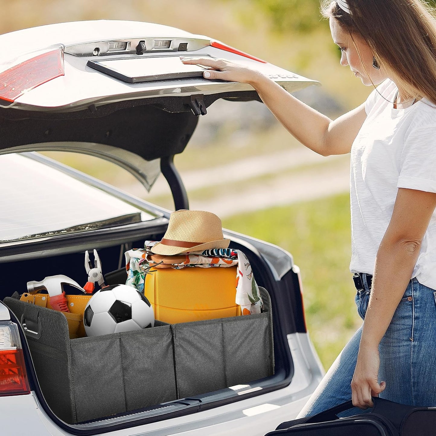 Trunk Organizer for Car/Suv/Truck, Collapsible 2 Compartment Automotive Storage Box, 600D Waterproof Oxford Polyester 50L Travel Accessories, Anti-Slip & Leak-Proof, Black New