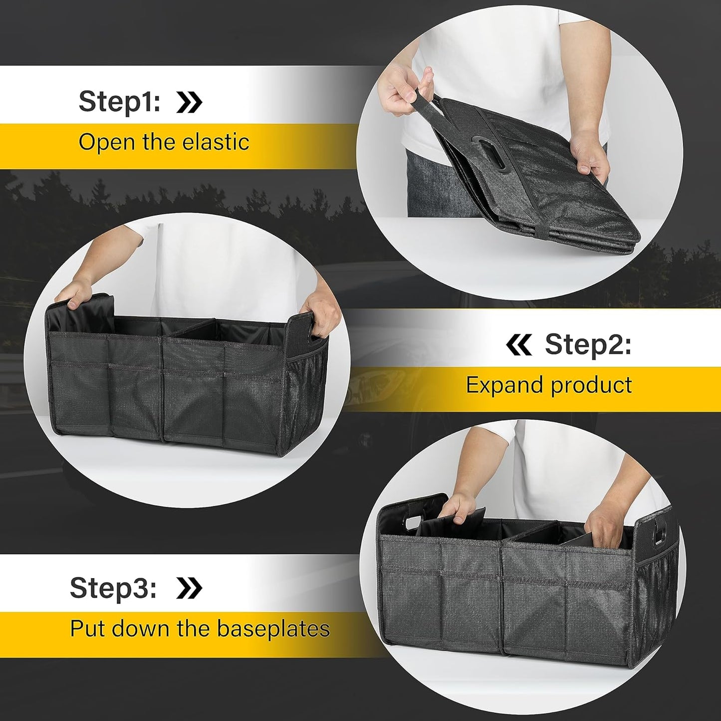 Trunk Organizer for Car/Suv/Truck, Collapsible 2 Compartment Automotive Storage Box, 600D Waterproof Oxford Polyester 50L Travel Accessories, Anti-Slip & Leak-Proof, Black New