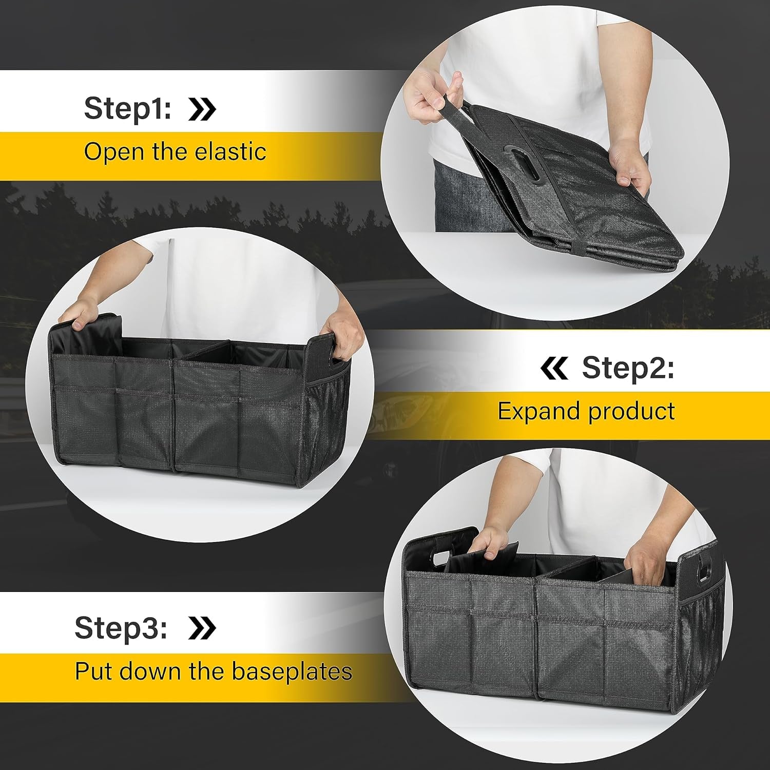 Trunk Organizer for Car/Suv/Truck, Collapsible 2 Compartment Automotive Storage Box, 600D Waterproof Oxford Polyester 50L Travel Accessories, Anti-Slip & Leak-Proof, Black New