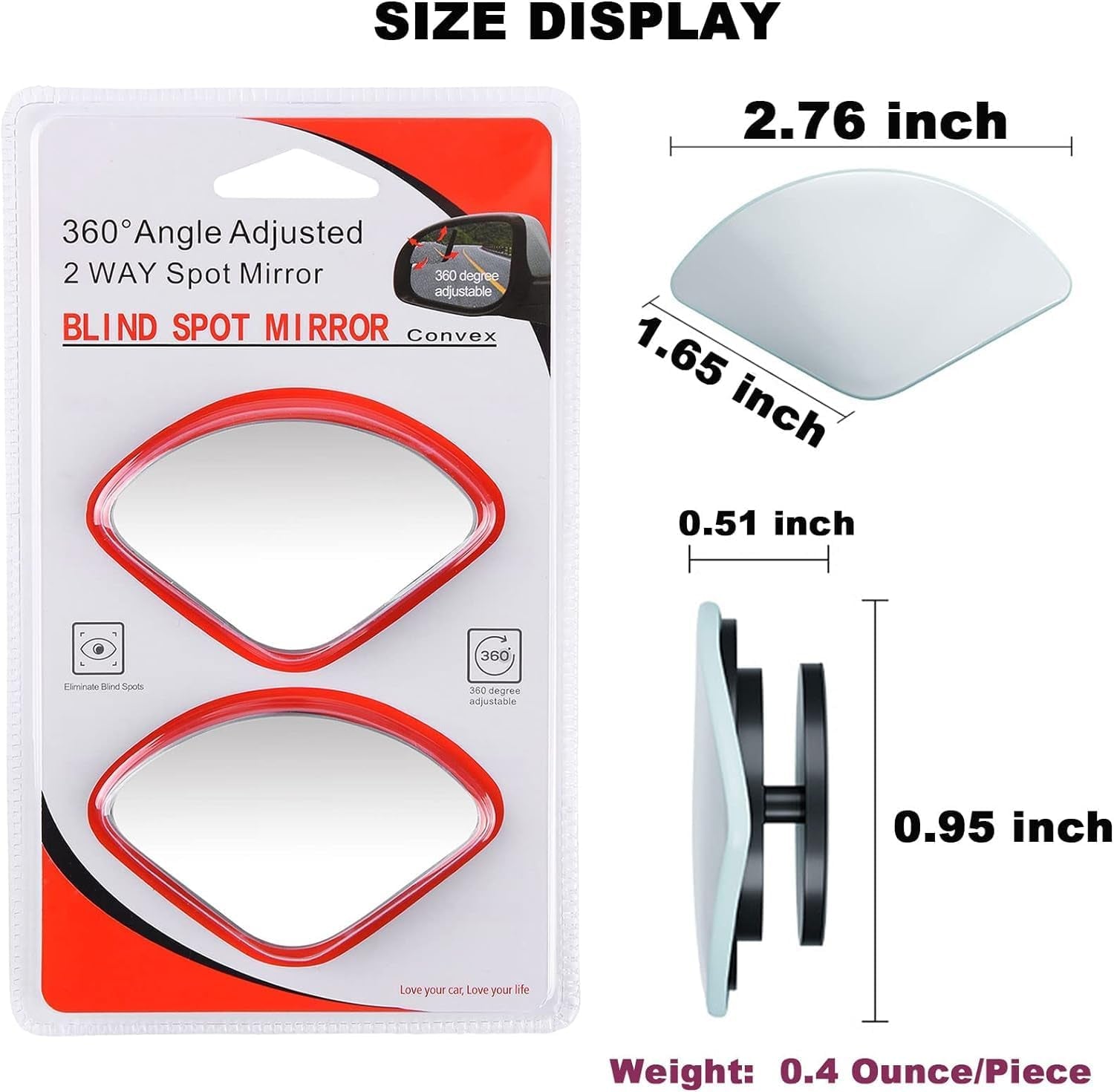 Blind Spot Mirror, Fan Shape Curved Blind Spot Mirror, Upgrade HD Glass Wide Angle Mirror, Frameless 360° Adjustable Convex Rear View Mirror for Cars Trucks and SUV Big Fan Shaped 2Pcs
