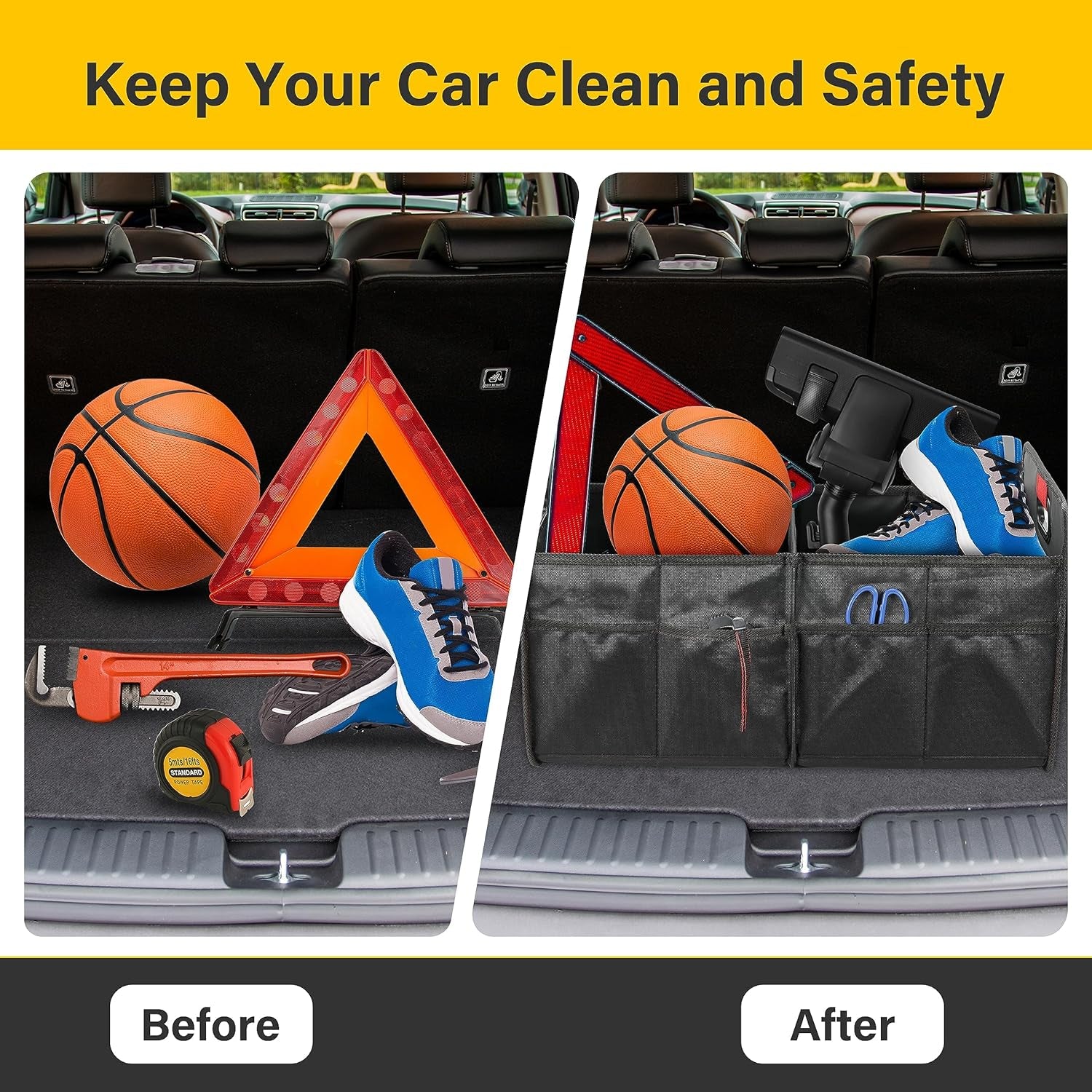 Trunk Organizer for Car/Suv/Truck, Collapsible 2 Compartment Automotive Storage Box, 600D Waterproof Oxford Polyester 50L Travel Accessories, Anti-Slip & Leak-Proof, Black New