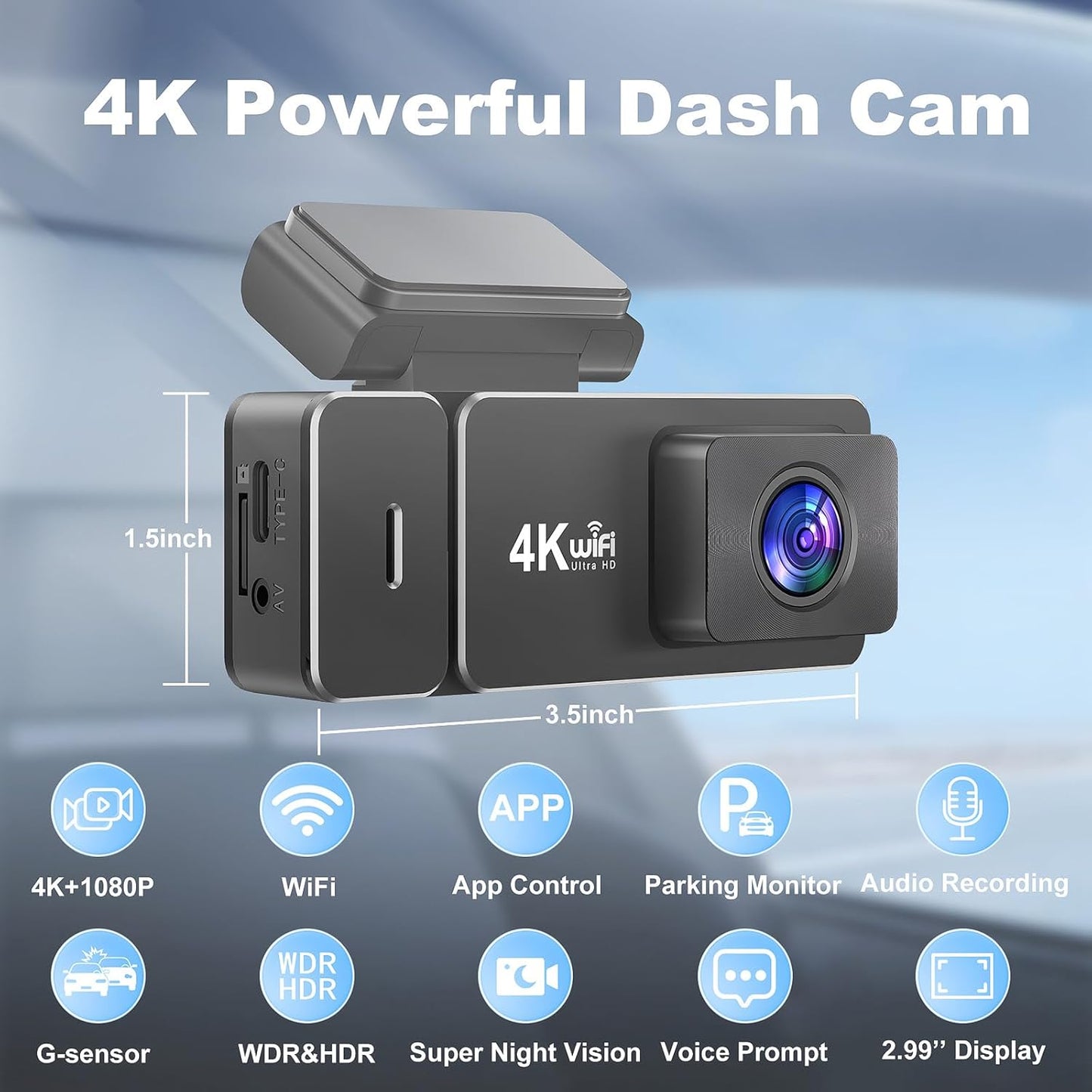 Dash Cam Front Rear, 4K+1080P Wifi Dual Dash Cam, with Free 64GB Card, Dash Camera for Cars with APP, 2.99” IPS Car Camera, Night Vision, 170°Wide Angle, 24H Parking Mode, Loop Recording