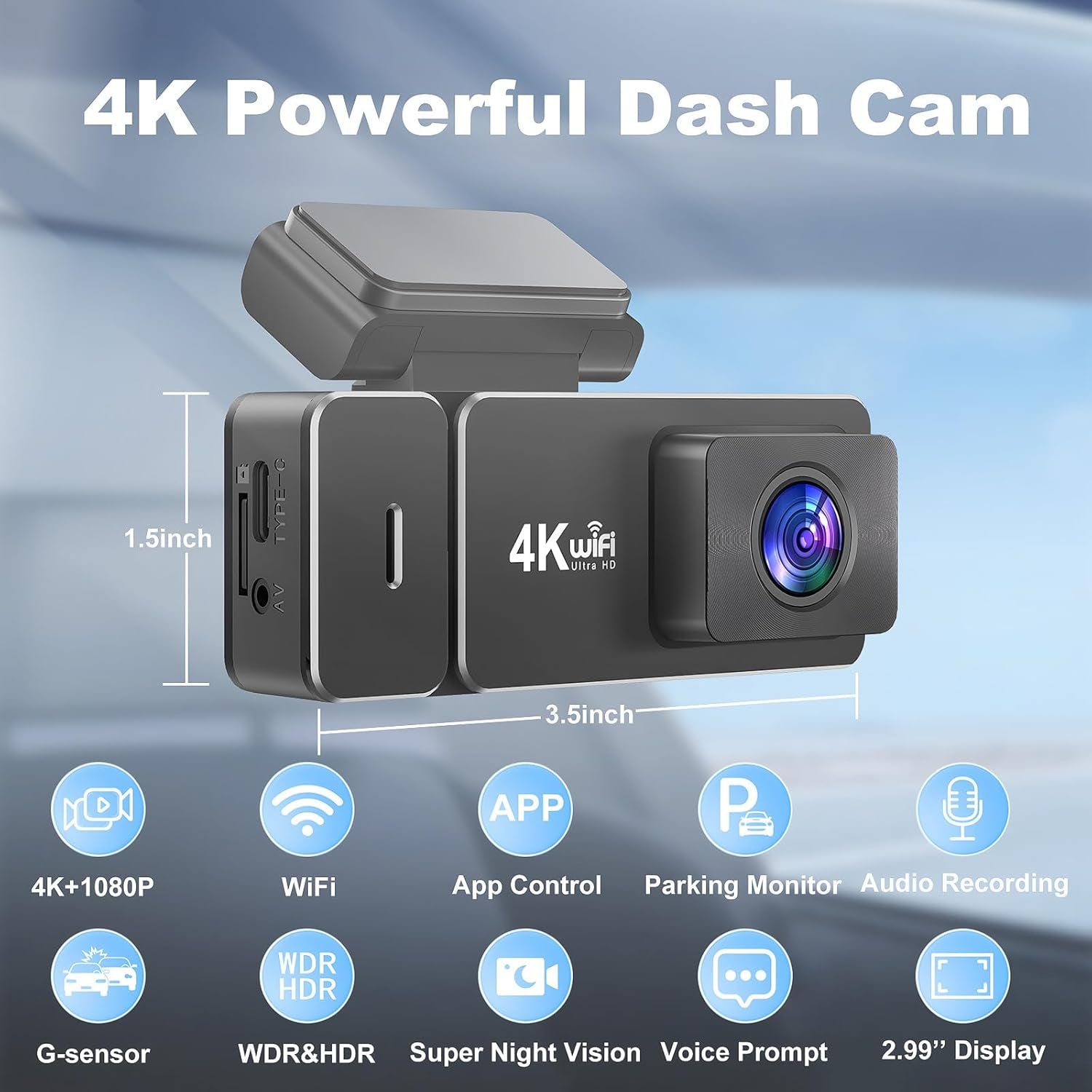 Dash Cam Front Rear, 4K+1080P Wifi Dual Dash Cam, with Free 64GB Card, Dash Camera for Cars with APP, 2.99” IPS Car Camera, Night Vision, 170°Wide Angle, 24H Parking Mode, Loop Recording