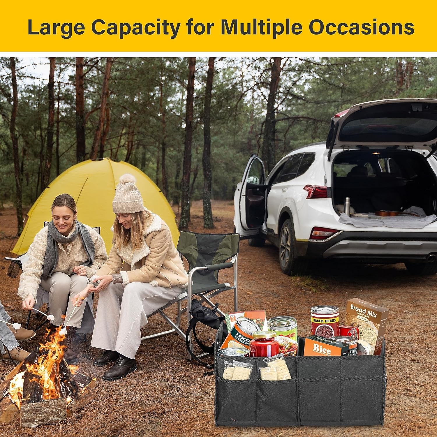 Trunk Organizer for Car/Suv/Truck, Collapsible 2 Compartment Automotive Storage Box, 600D Waterproof Oxford Polyester 50L Travel Accessories, Anti-Slip & Leak-Proof, Black New