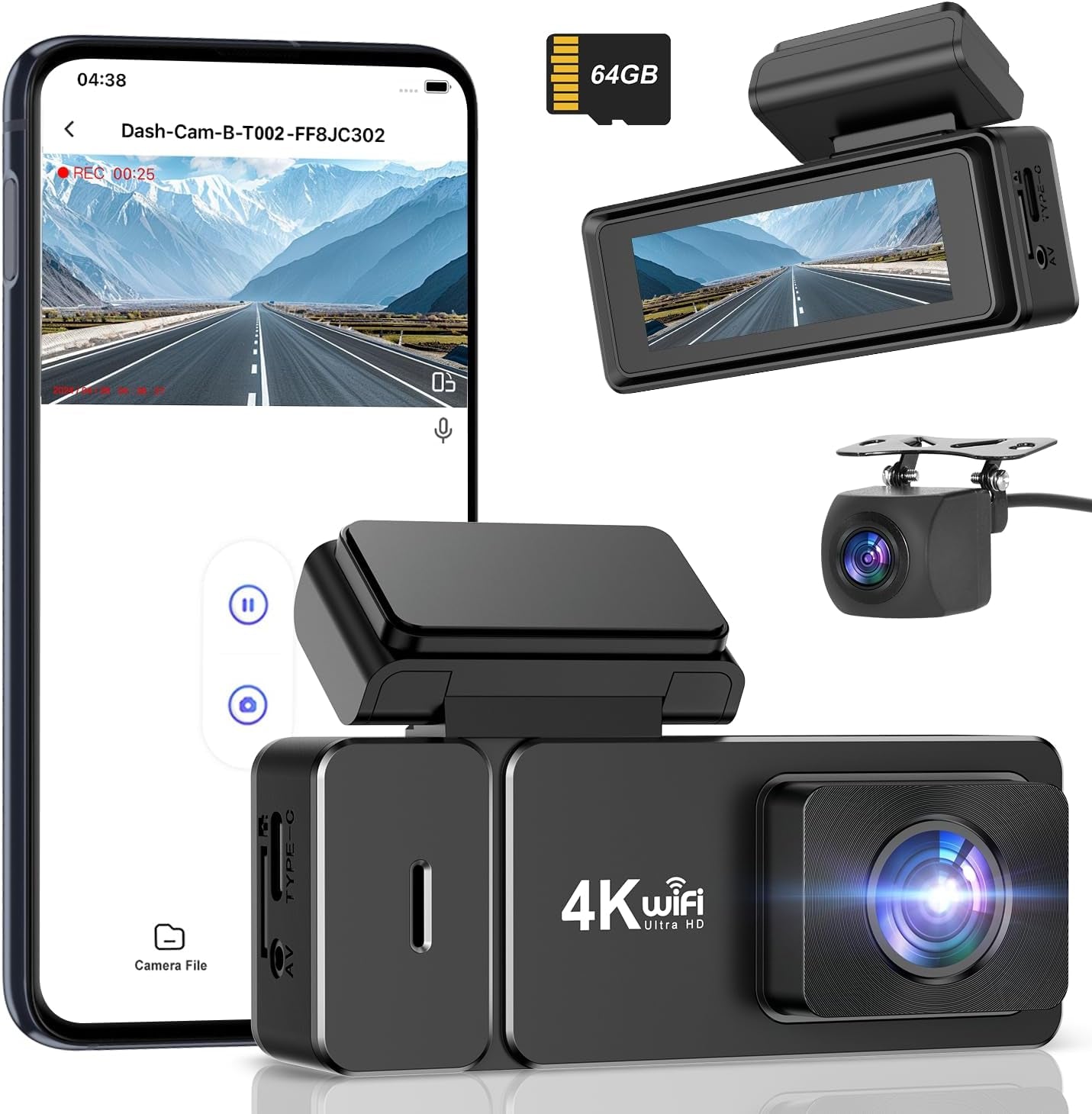 Dash Cam Front Rear, 4K+1080P Wifi Dual Dash Cam, with Free 64GB Card, Dash Camera for Cars with APP, 2.99” IPS Car Camera, Night Vision, 170°Wide Angle, 24H Parking Mode, Loop Recording