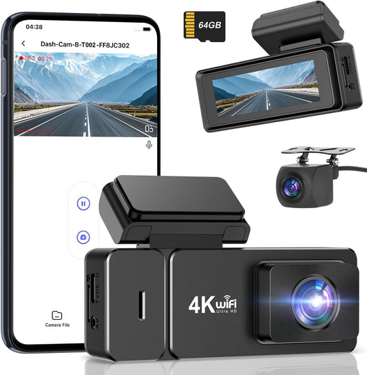Dash Cam Front Rear, 4K+1080P Wifi Dual Dash Cam, with Free 64GB Card, Dash Camera for Cars with APP, 2.99” IPS Car Camera, Night Vision, 170°Wide Angle, 24H Parking Mode, Loop Recording