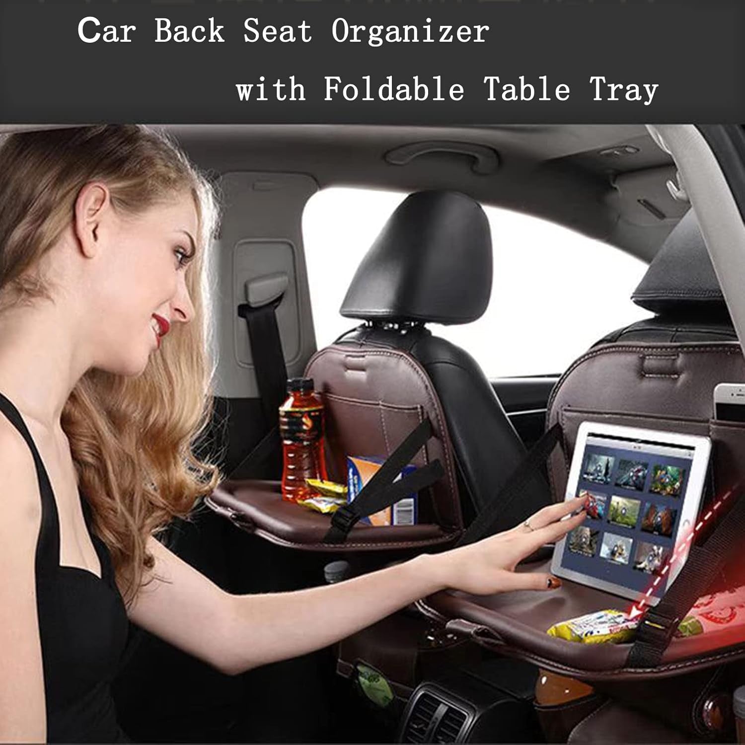 Car Back Seat Organizer with Foldable Table Tray, PU Leather Backseat Car Organizer with Tablet Holder for Kids Toddlers Travel, Car Seat Back Protector Storage Kick Mats Travel Accessories