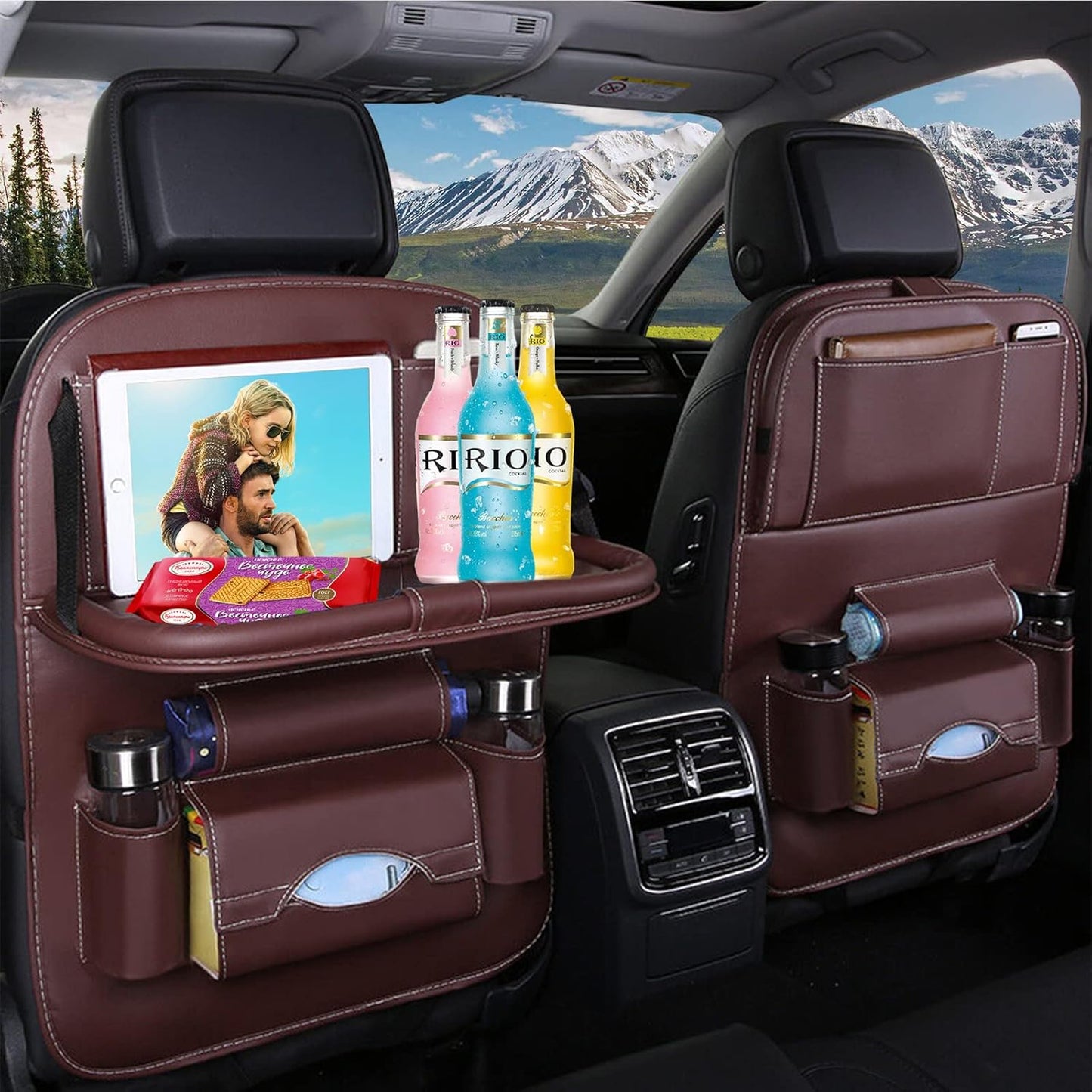 Car Back Seat Organizer with Foldable Table Tray, PU Leather Backseat Car Organizer with Tablet Holder for Kids Toddlers Travel, Car Seat Back Protector Storage Kick Mats Travel Accessories