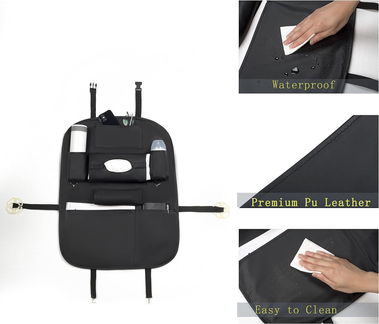 Car Back Seat Organizer with Foldable Table Tray, PU Leather Backseat Car Organizer with Tablet Holder for Kids Toddlers Travel, Car Seat Back Protector Storage Kick Mats Travel Accessories